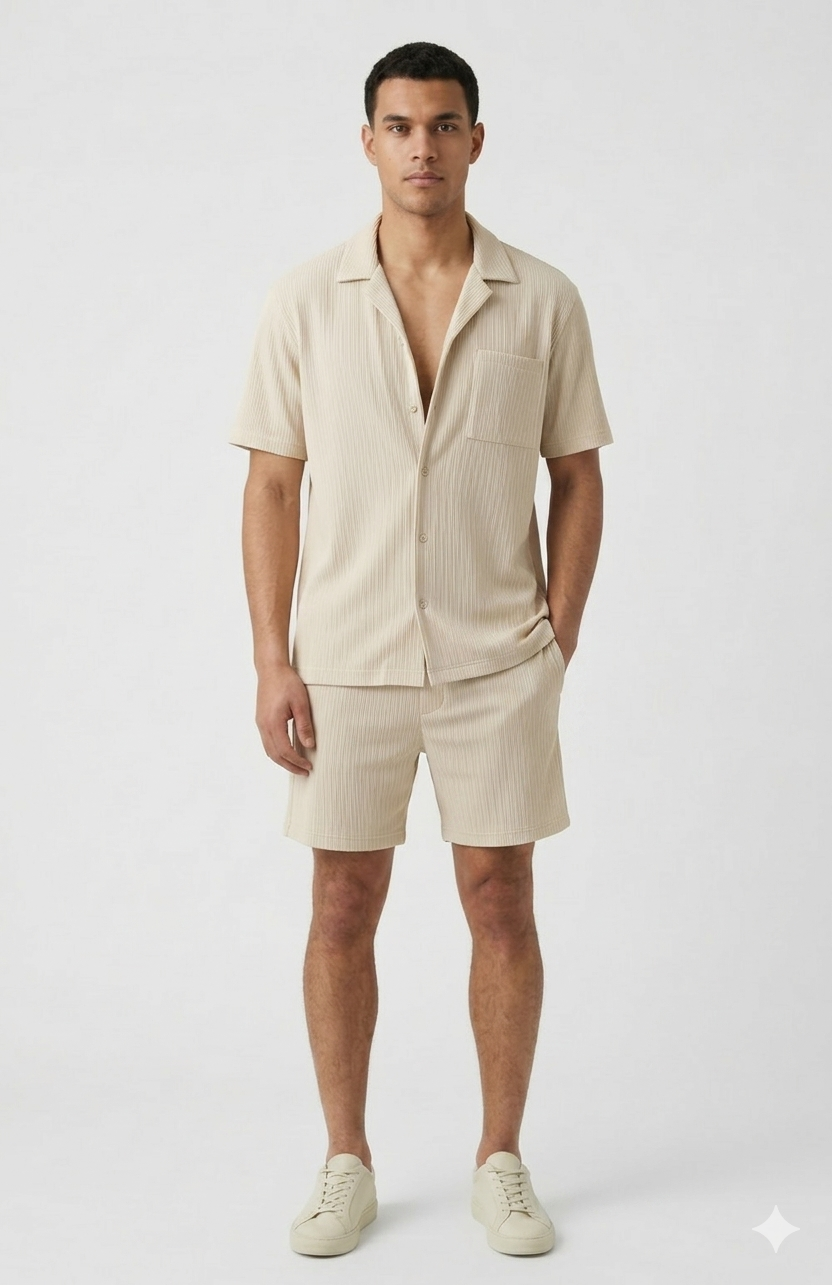 Da Uomo Set Coordinato Testurizzato Camicia Shorts Sartoriali Estivi