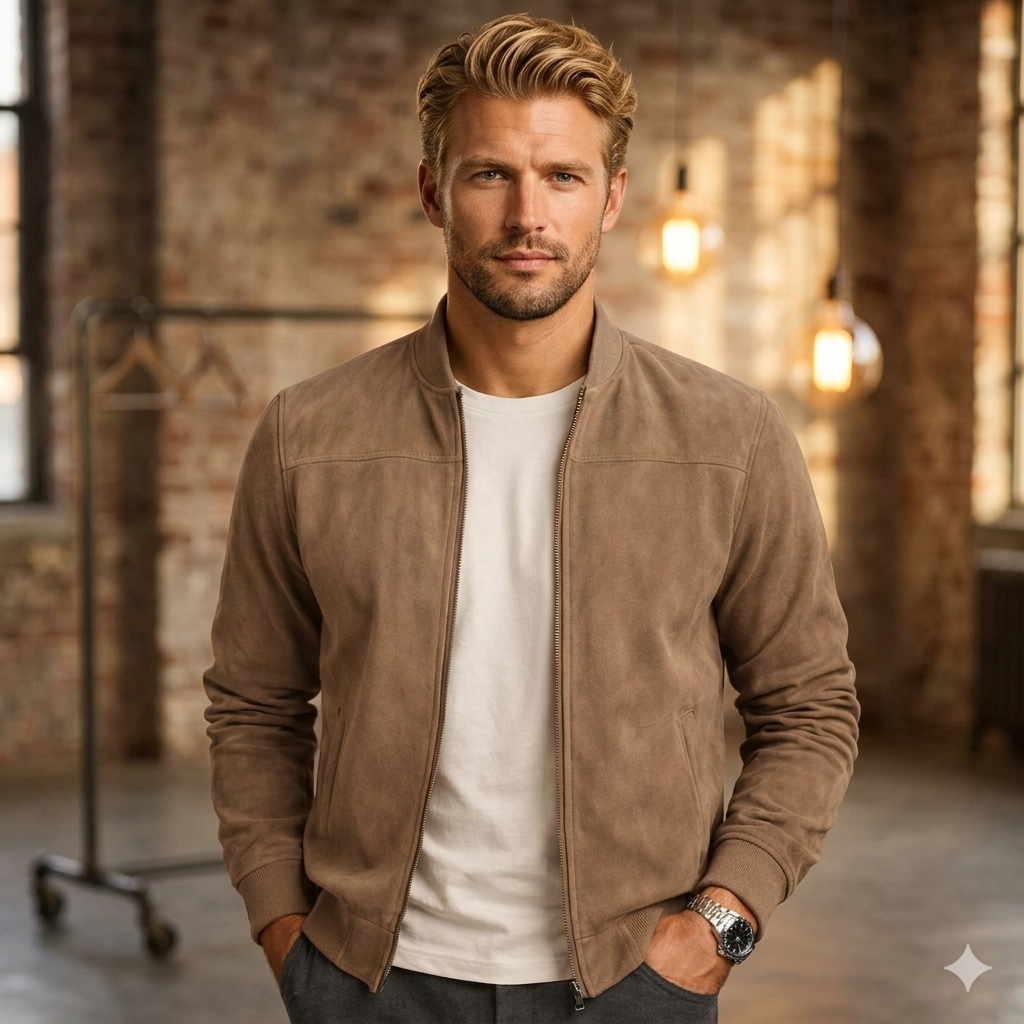Giacca Bomber in Finto Scamosciato – Giubbotto Casual Elegante con Zip e Finiture a Costine
