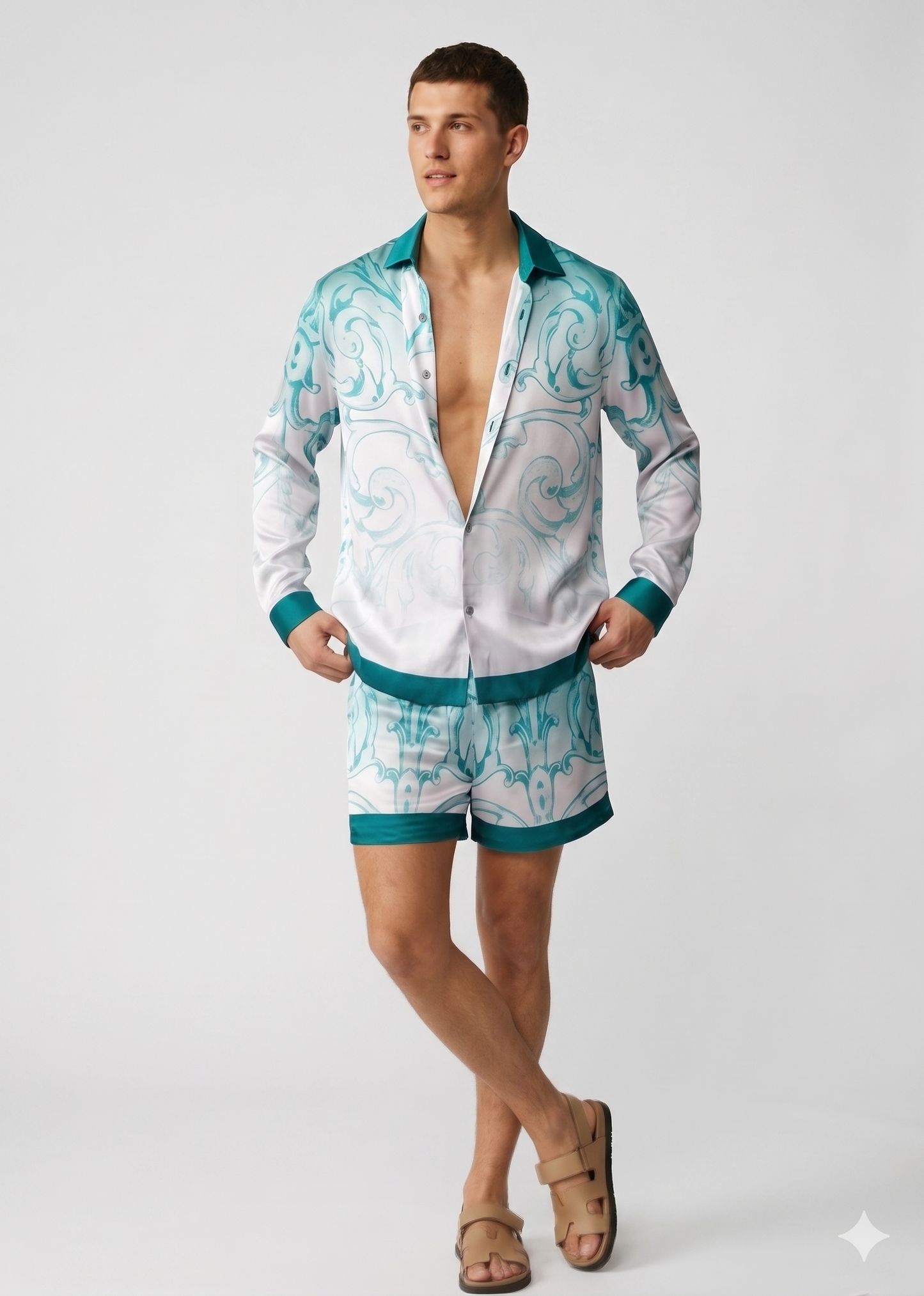 Da Uomo Set Coordinato Satinato Camicia Shorts Fantasia Lusso