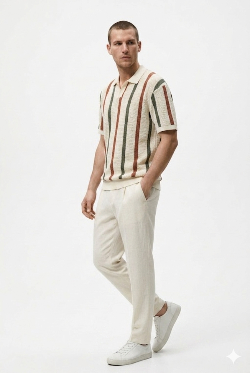 Da Uomo Polo Traspirante Texture Lavorata Righe Verticali Estiva