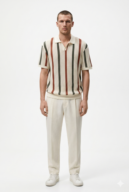 Da Uomo Polo Traspirante Texture Lavorata Righe Verticali Estiva
