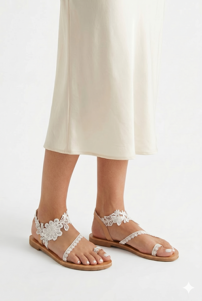 Women's Flat Sandals with Floral Lace and Elegant Boho Strap