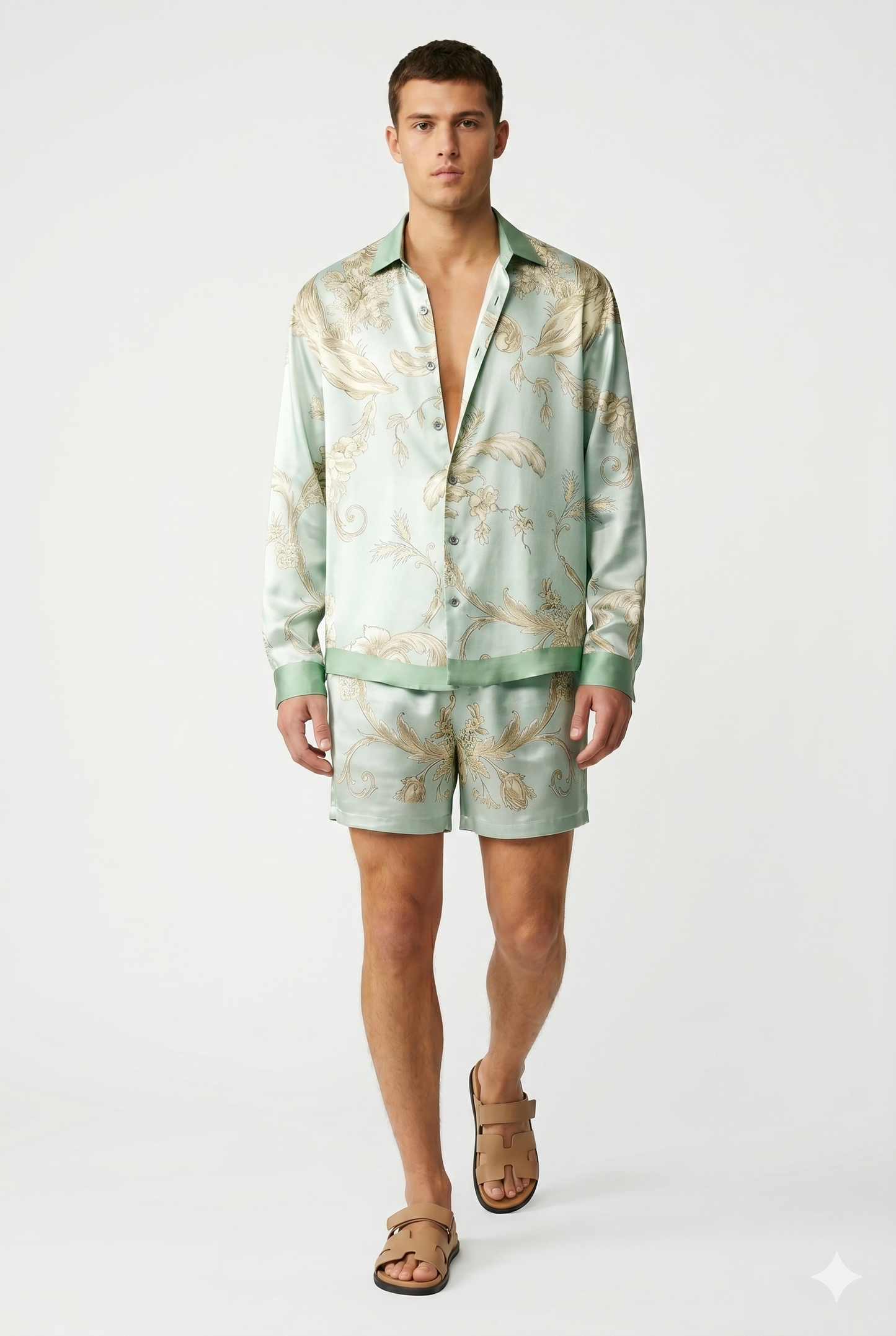 Da Uomo Set Coordinato Satinato Camicia Shorts Fantasia Lusso
