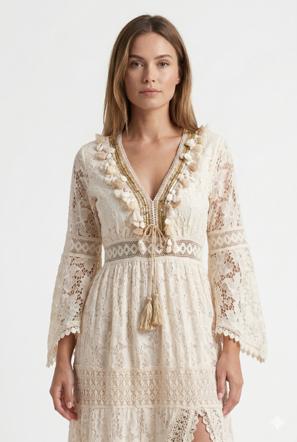 Da Donna Abito Maxi in Pizzo Boho con Scollo Profondo e Spacco