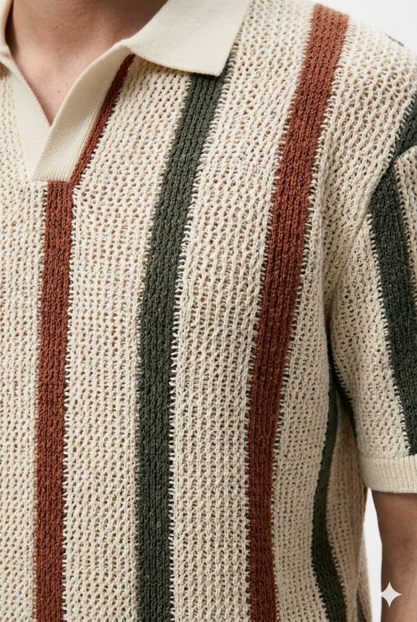 Da Uomo Polo Traspirante Texture Lavorata Righe Verticali Estiva