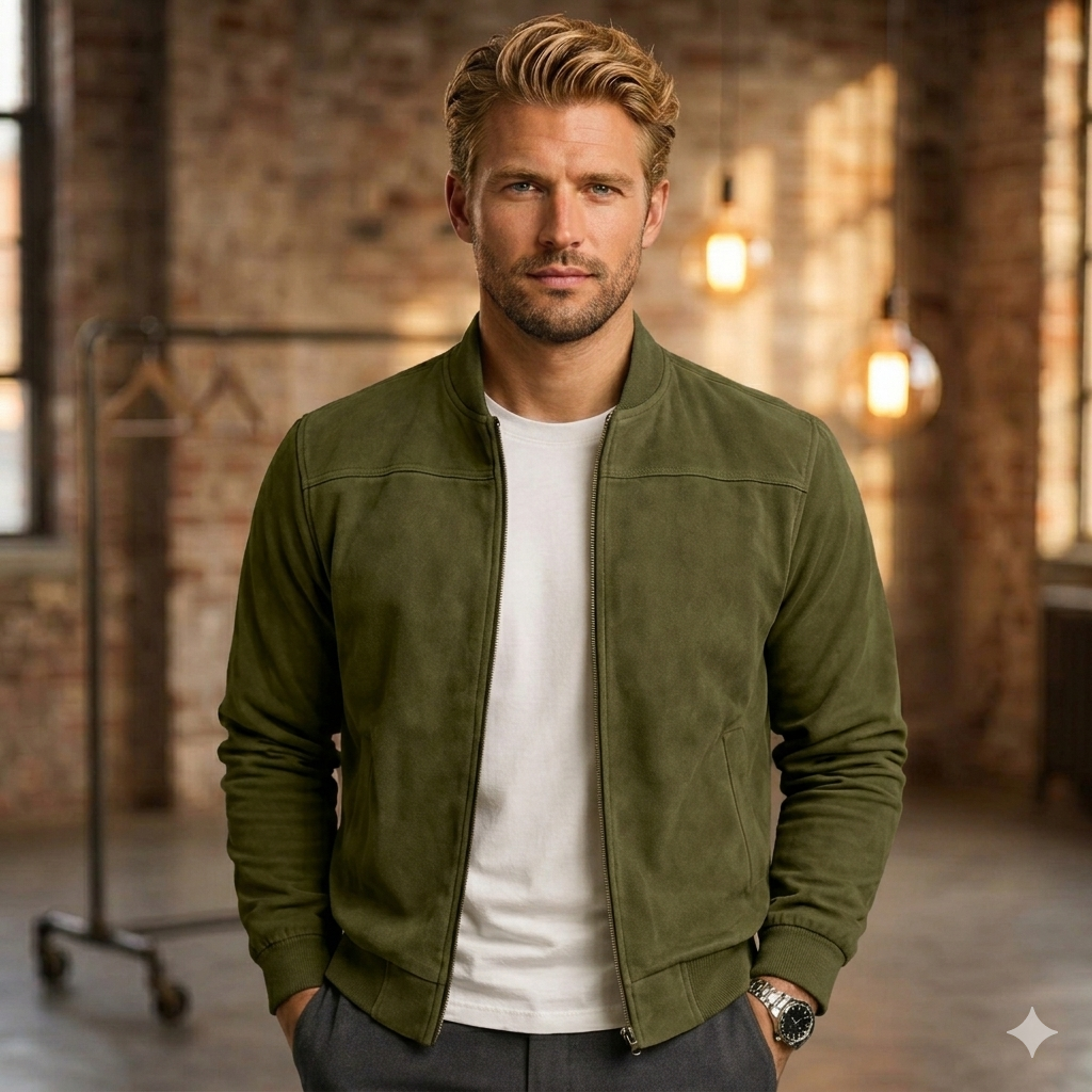 Giacca Bomber in Finto Scamosciato – Giubbotto Casual Elegante con Zip e Finiture a Costine
