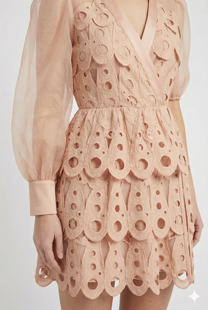 Da Donna Abito Mini Ricamato Struttura Cutwork Maniche Leggere