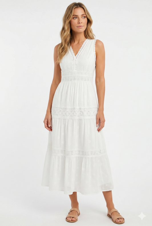Da Donna Abito Boho Lungo Linea Fluida Vita Definita Elegante