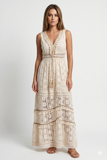 Da Donna Abito Maxi in Pizzo Boho con Scollo Profondo e Spacco