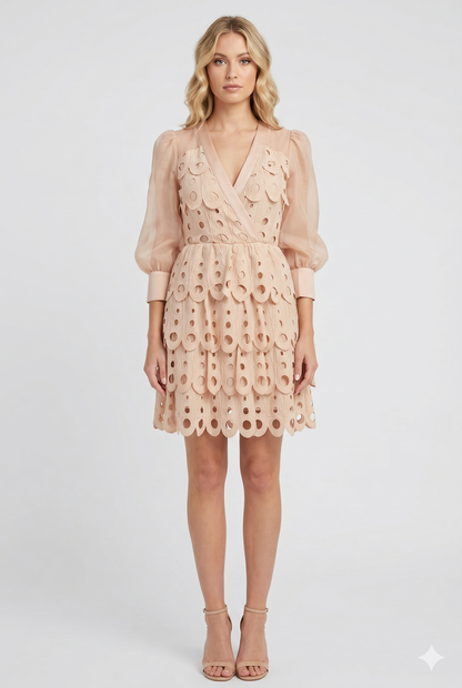 Da Donna Abito Mini Ricamato Struttura Cutwork Maniche Leggere