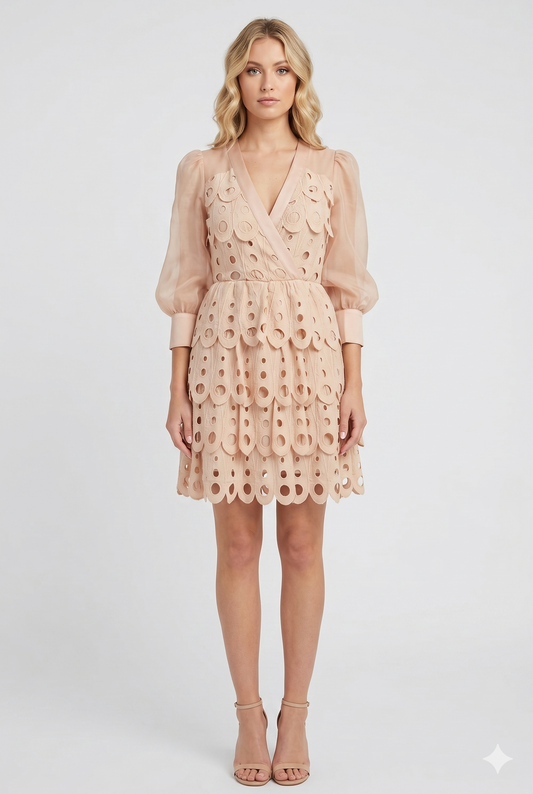 Da Donna Abito Mini Ricamato Struttura Cutwork Maniche Leggere