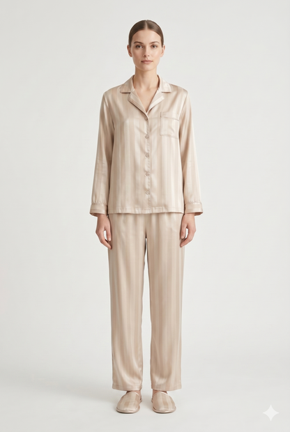 Da Donna Set Lounge Satinato Camicia Bottoni Pantaloni Fluidi