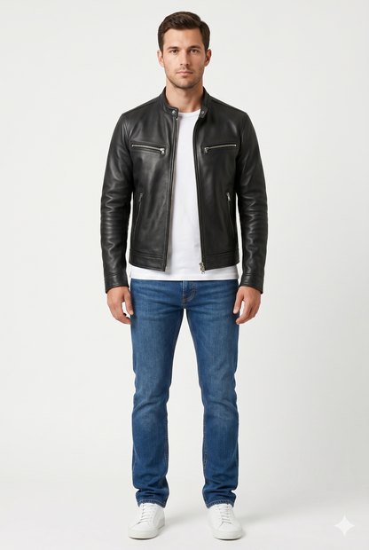 Da Uomo Giacca Pelle Vintage Strutturata Zip Design Biker