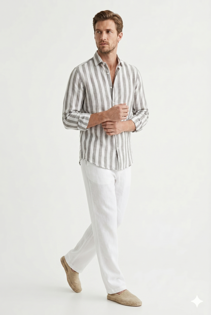 Da Uomo Camicia Estiva a Righe con Struttura Leggera Traspirante