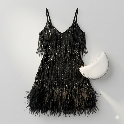 Mini Abito da Sera Scintillante con Frange di Paillettes e Piume: Eleganza Audace