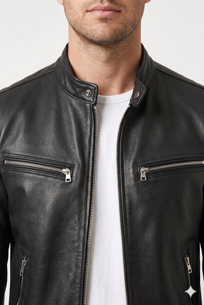 Da Uomo Giacca Pelle Vintage Strutturata Zip Design Biker