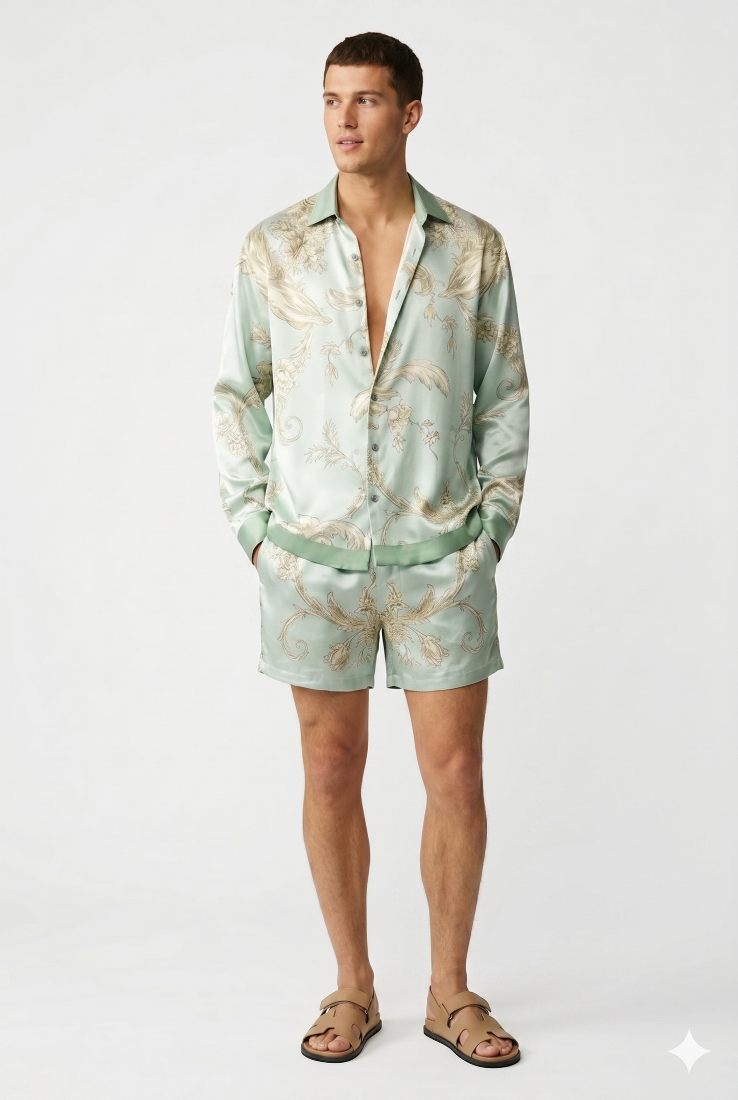 Da Uomo Set Coordinato Satinato Camicia Shorts Fantasia Lusso