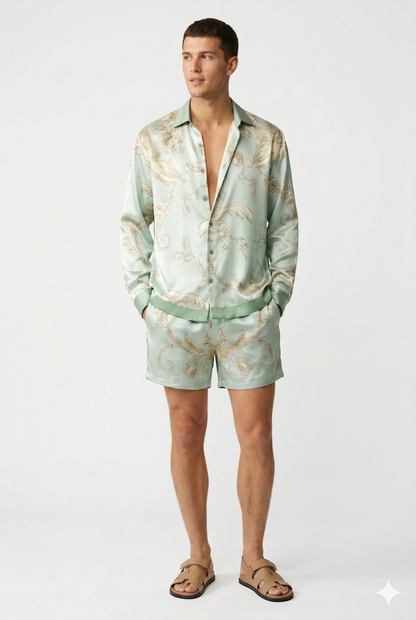 Da Uomo Set Coordinato Satinato Camicia Shorts Fantasia Lusso