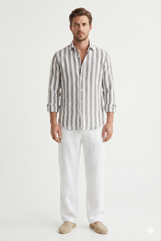 Da Uomo Camicia Estiva a Righe con Struttura Leggera Traspirante