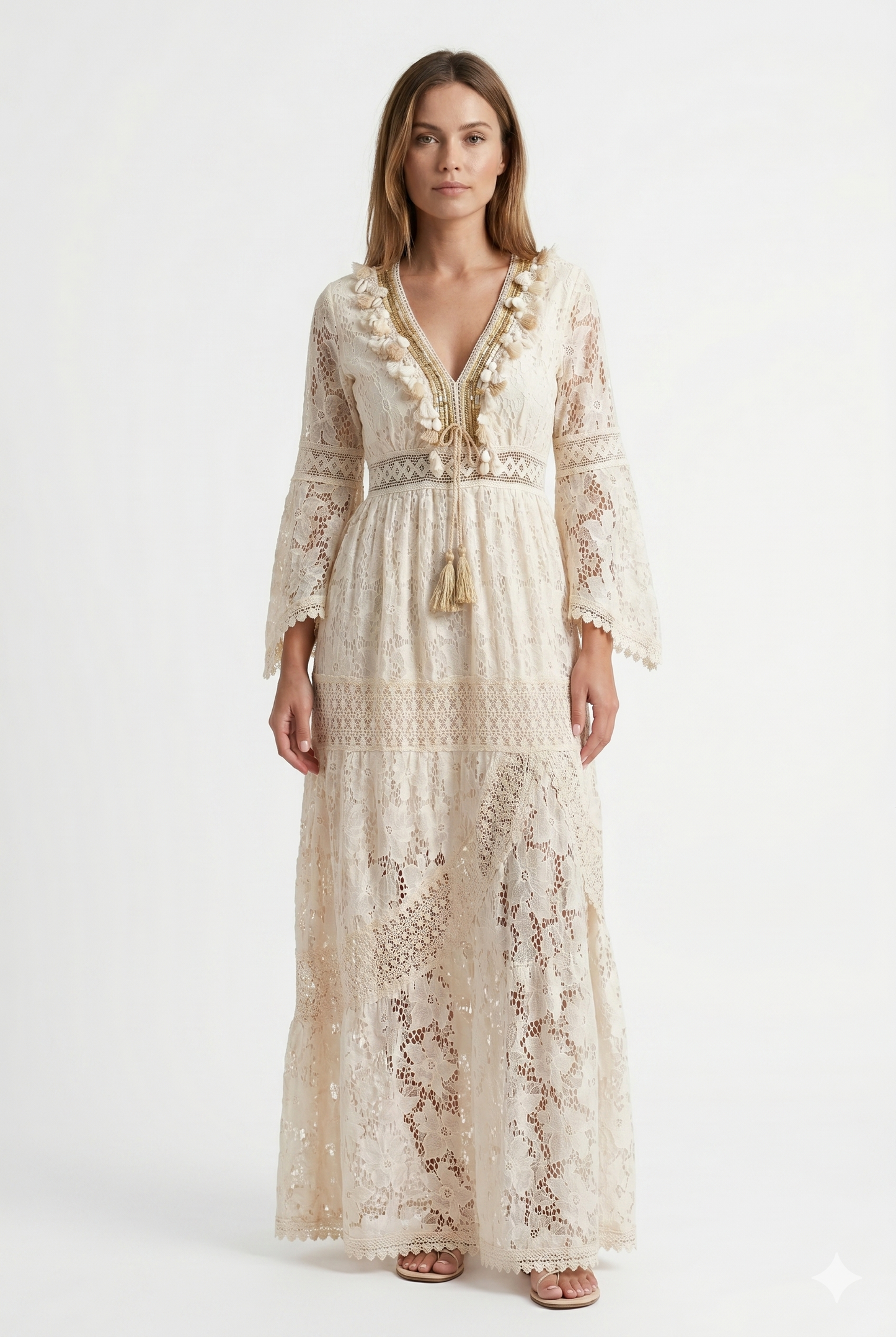 Da Donna Abito Maxi in Pizzo Boho con Scollo Profondo e Spacco