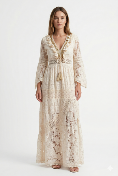 Da Donna Abito Maxi in Pizzo Boho con Scollo Profondo e Spacco
