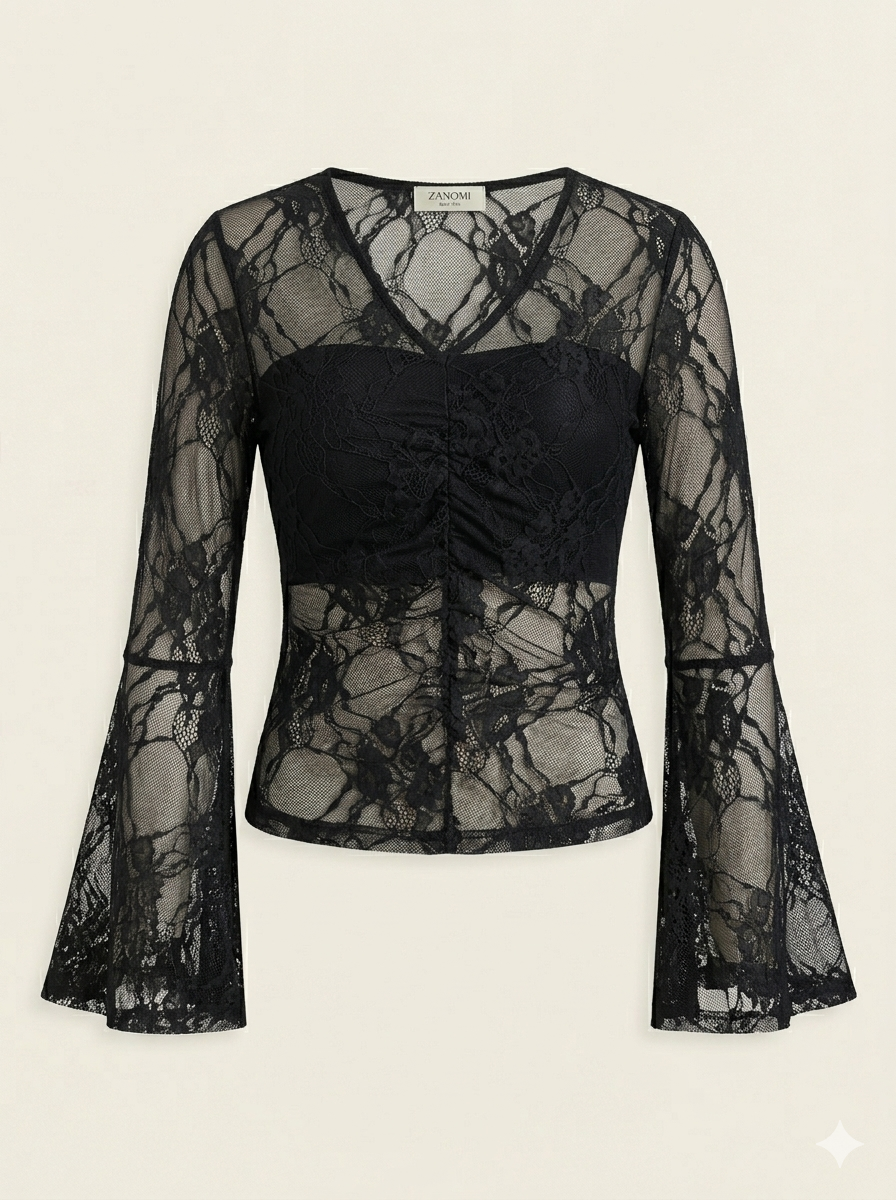 Da Donna Blusa Pizzo Trasparente Maniche Ampie Eleganza Night