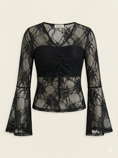 Da Donna Blusa Pizzo Trasparente Maniche Ampie Eleganza Night