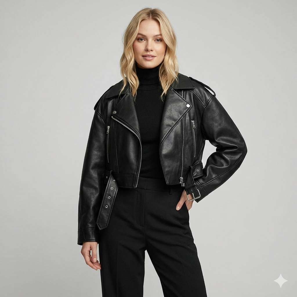 Da Donna Giacca Biker in Ecopelle con Cintura