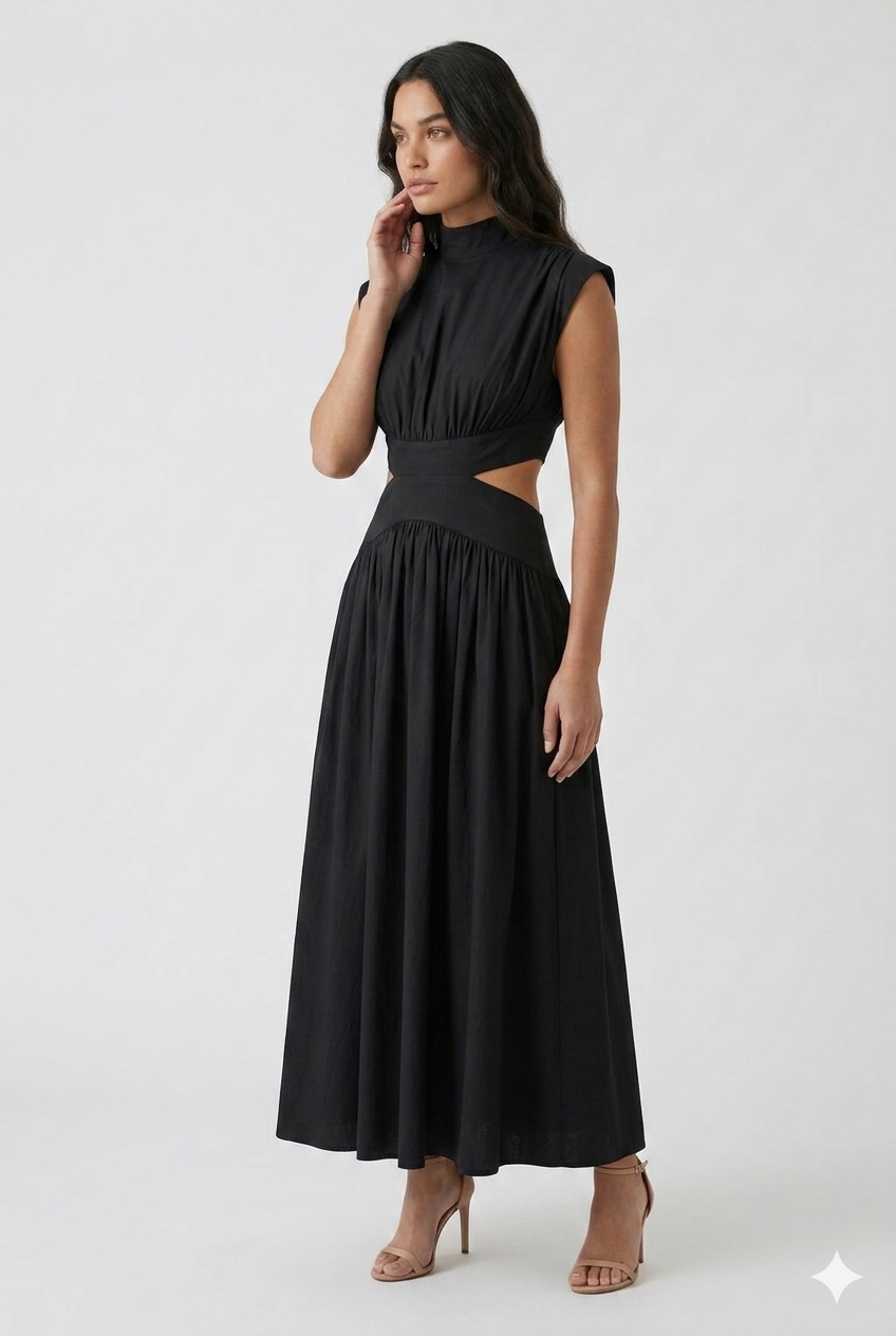 Da Donna Abito Maxi Collo Alto Cut-Out Vita Fluido Elegante