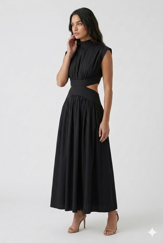 Da Donna Abito Maxi Collo Alto Cut-Out Vita Fluido Elegante