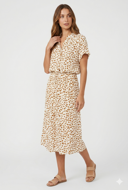 Da Donna Abito Midi Fluido Vita Regolabile Stampa Elegante