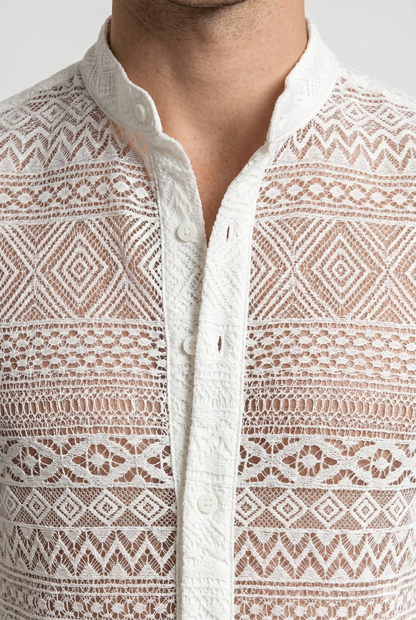 Da Uomo Set Coordinato in Pizzo Traforato con Camicia e Shorts