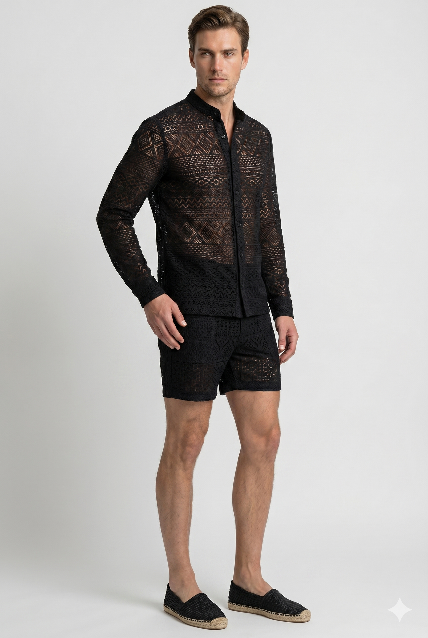 Da Uomo Set Coordinato in Pizzo Traforato con Camicia e Shorts