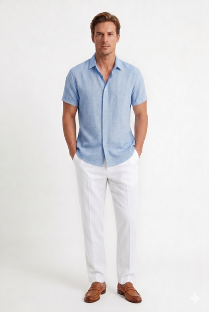 Da Uomo Camicia Lino Leggera Manica Corta Traspirante Elegante
