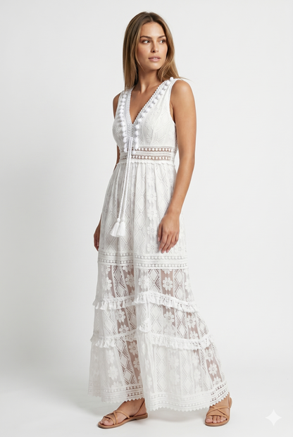 Da Donna Abito Maxi in Pizzo Boho con Scollo Profondo e Spacco