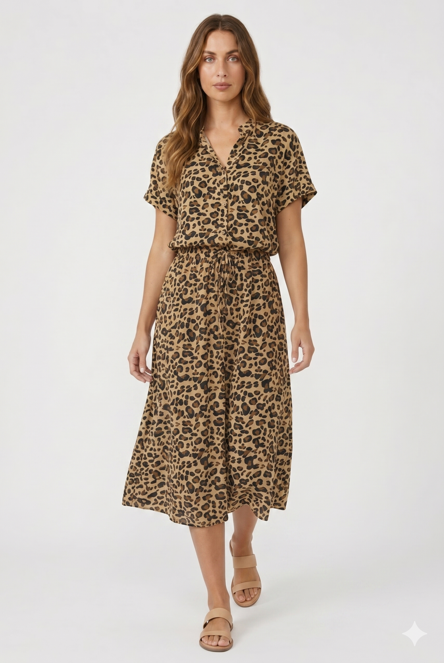 Da Donna Abito Midi Fluido Vita Regolabile Stampa Elegante