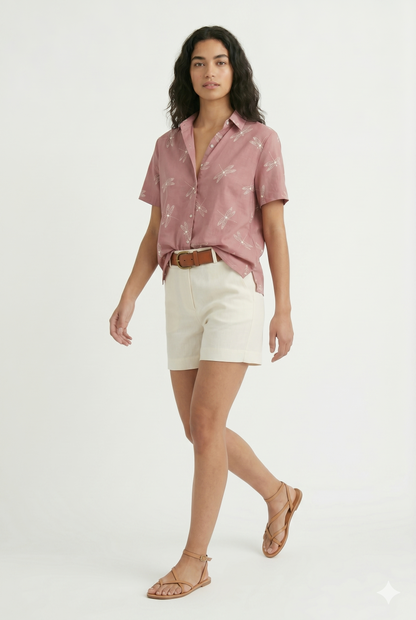 Women's Lightweight Short Sleeve Shirt with Dragonfly Print, Casual