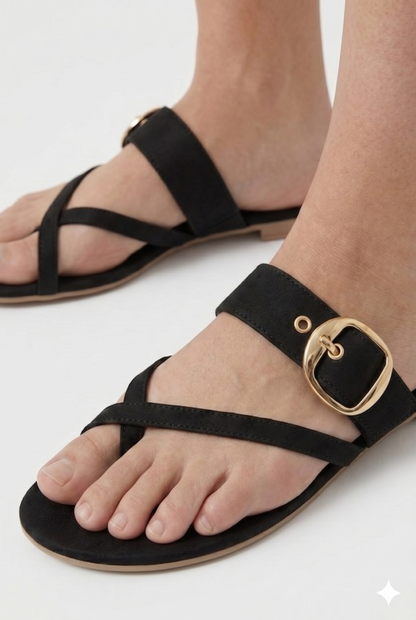 Women's Flat Sandals with Crossed Straps and Elegant Buckle for Summer