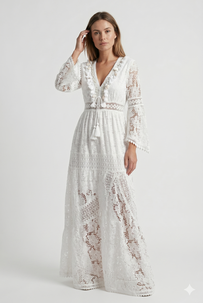 Da Donna Abito Maxi in Pizzo Boho con Scollo Profondo e Spacco