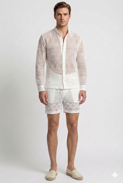 Da Uomo Set Coordinato in Pizzo Traforato con Camicia e Shorts