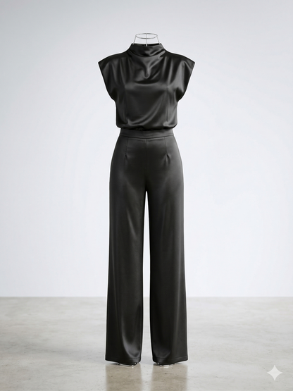 Jumpsuit Elegante in Raso Nero: Raffinatezza Contemporanea con Schiena Scoperta