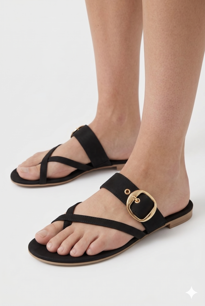 Women's Flat Sandals with Crossed Straps and Elegant Buckle for Summer