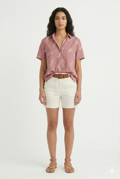 Women's Lightweight Short Sleeve Shirt with Dragonfly Print, Casual