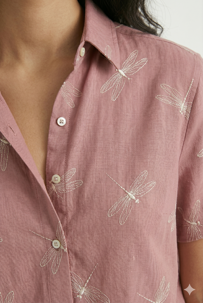 Women's Lightweight Short Sleeve Shirt with Dragonfly Print, Casual