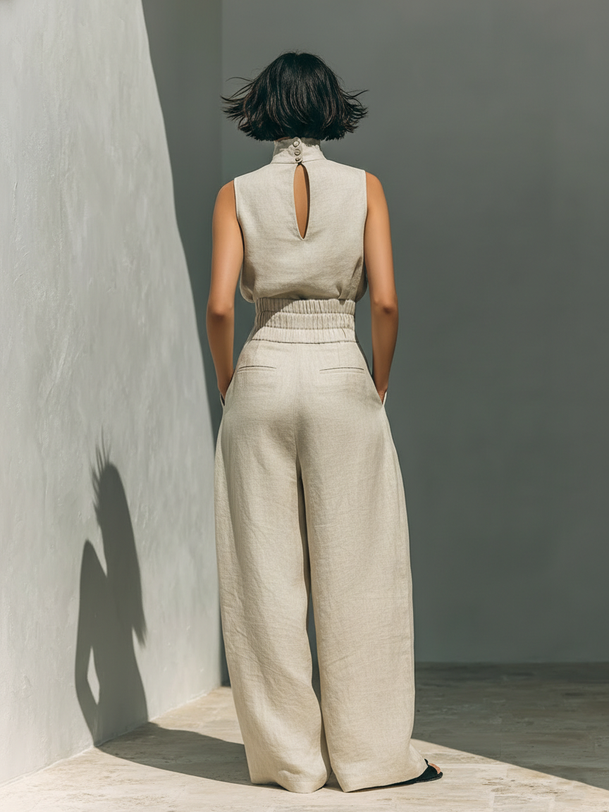 Da Donna Completo Due Pezzi con Top Senza Maniche e Pantaloni Palazzo