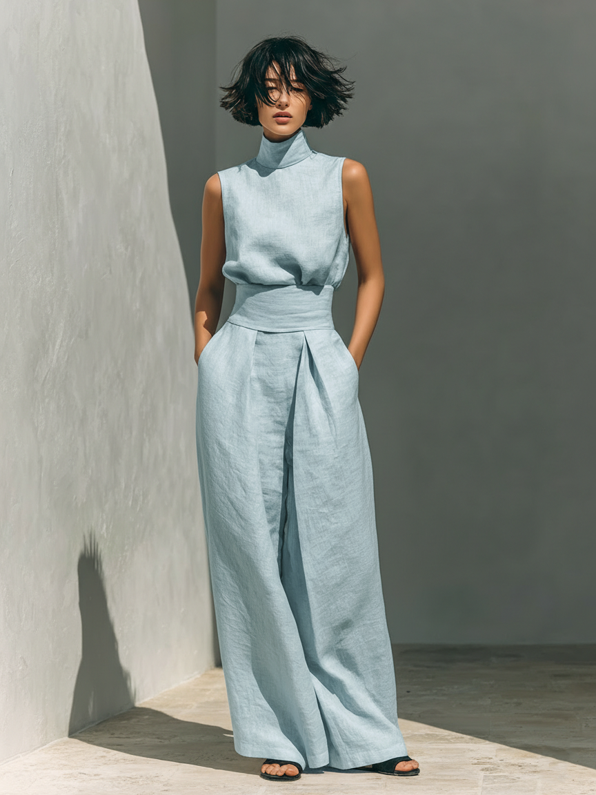 Da Donna Completo Due Pezzi con Top Senza Maniche e Pantaloni Palazzo
