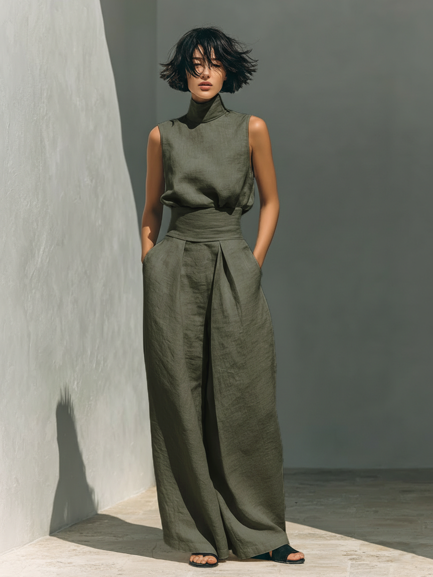 Da Donna Completo Due Pezzi con Top Senza Maniche e Pantaloni Palazzo