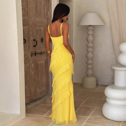 Da Donna Abito Maxi con Volant Vestibilità con Spalline e Scollo a V