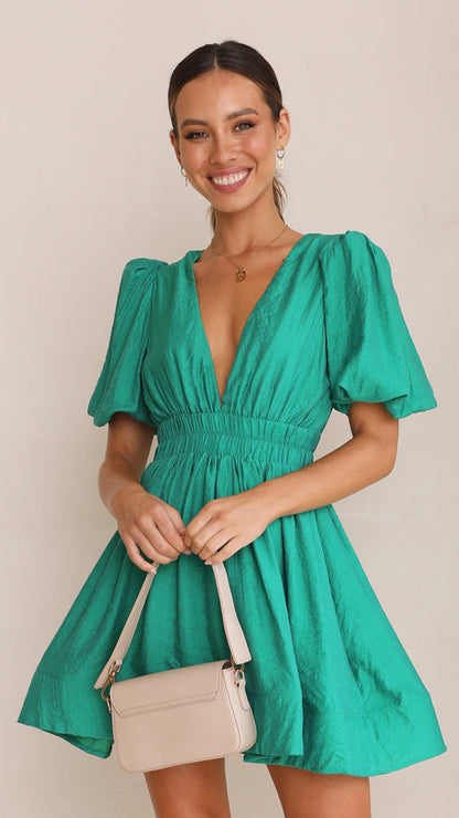 Da Donna Abito Mini con Maniche a Sbuffo Scollatura Profonda Vita Arricciata