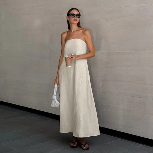 Da Donna Abito Maxi Senza Spalline Effetto Lino Vestibilità Comoda